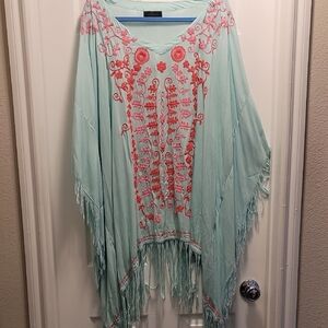 Embroidered Seafoam Swimsuit Coverup With Fringed Hem Pink And Coral One Size
